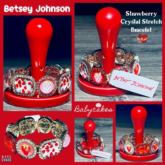 Betsey Johnson Babycakes Strawberry Stretch Bracelet Red Pink Crystal Food Berry - Picture 6 of 11